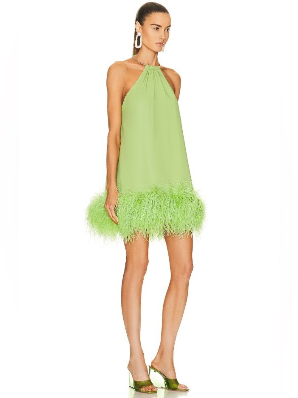 CULT GAIA Reeves Lime Ostrich Feather Embellished Halter Neck Mini Dress M NWT - Picture 3 of 5